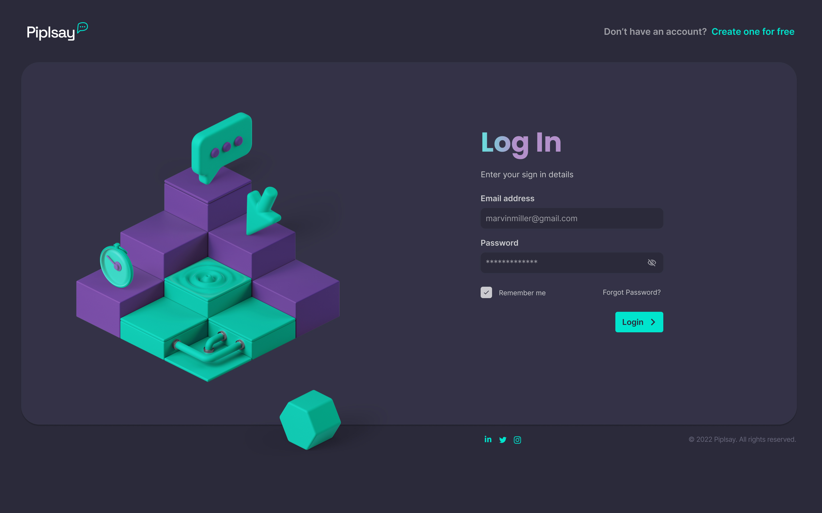 Piplsay login screen showing the branded dark interface with a 3D isometric illustration of purple and teal blocks