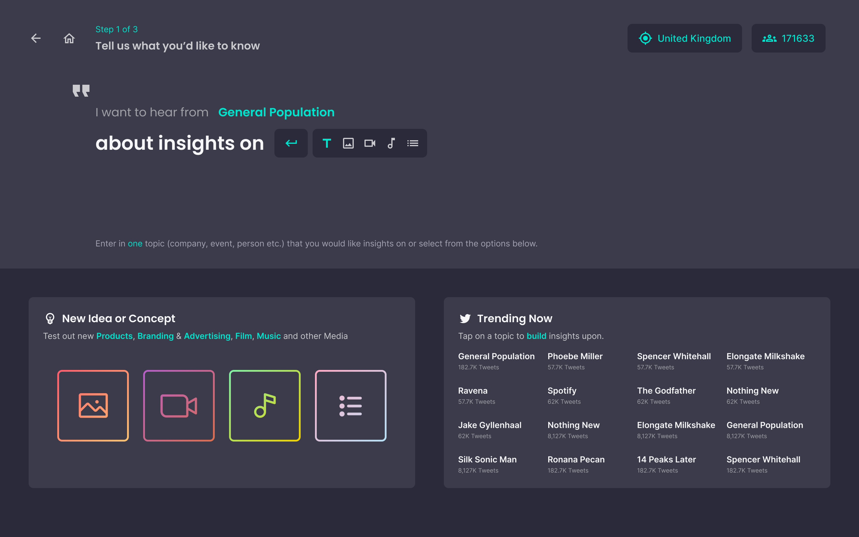 Piplsay Step 1 interface: A dark screen showing "I want to hear from General Population about insights on ____" with a Trending Now panel showing social topics with tweet counts