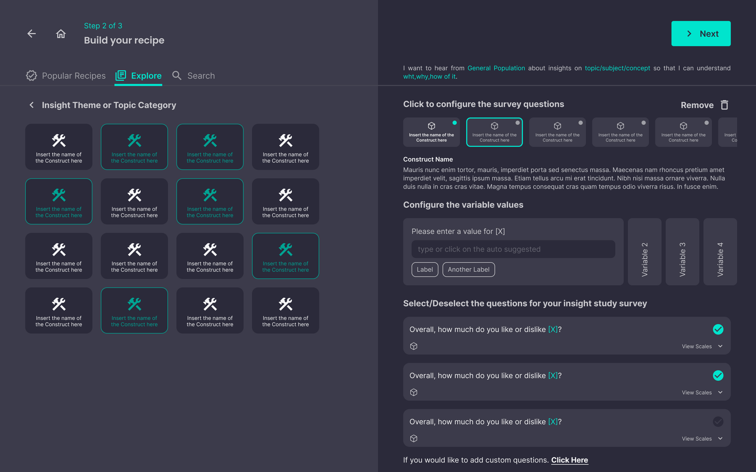 Piplsay Step 2 interface: Split panel showing a grid of construct tiles on the left and question configuration on the right with drag-and-drop interaction