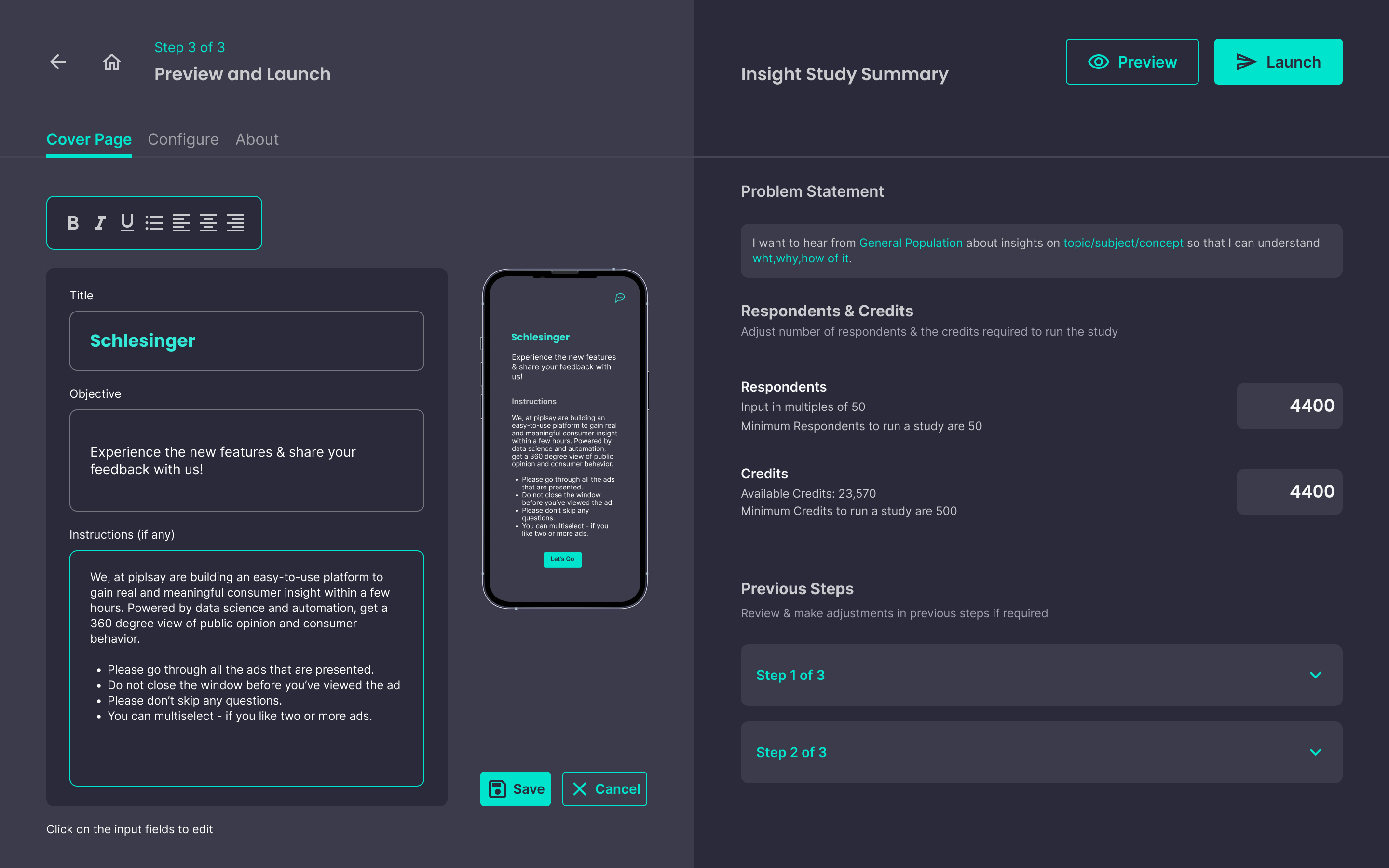 Piplsay Step 3 interface: Left panel showing cover page editor with mobile preview, right panel showing Insight Study Summary with respondent count and credits