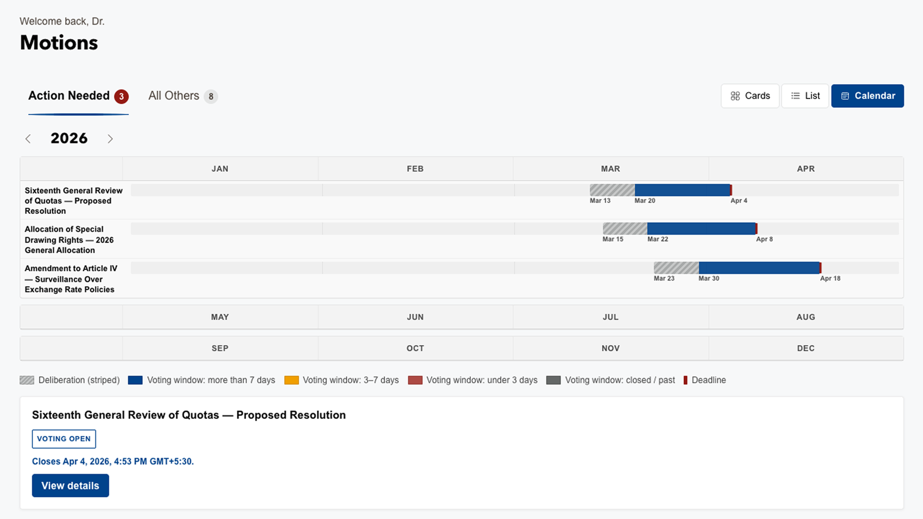 Meeting or BCMS portal. A year calendar shows motions as deliberation and voting-window bars across months, with a legend and a detail card for the selected motion.