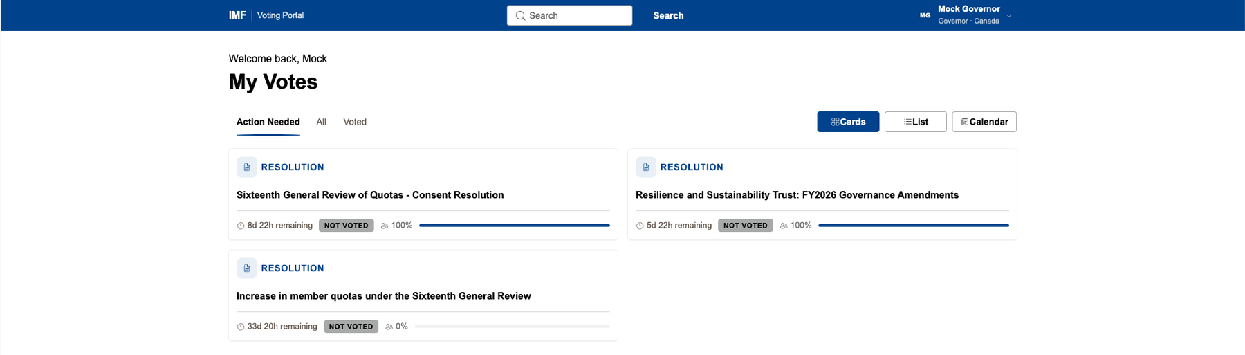 Voting Portal, My Votes screen. Resolutions assigned to a governor appear as cards with a countdown, a not-voted status pill and a participation bar.