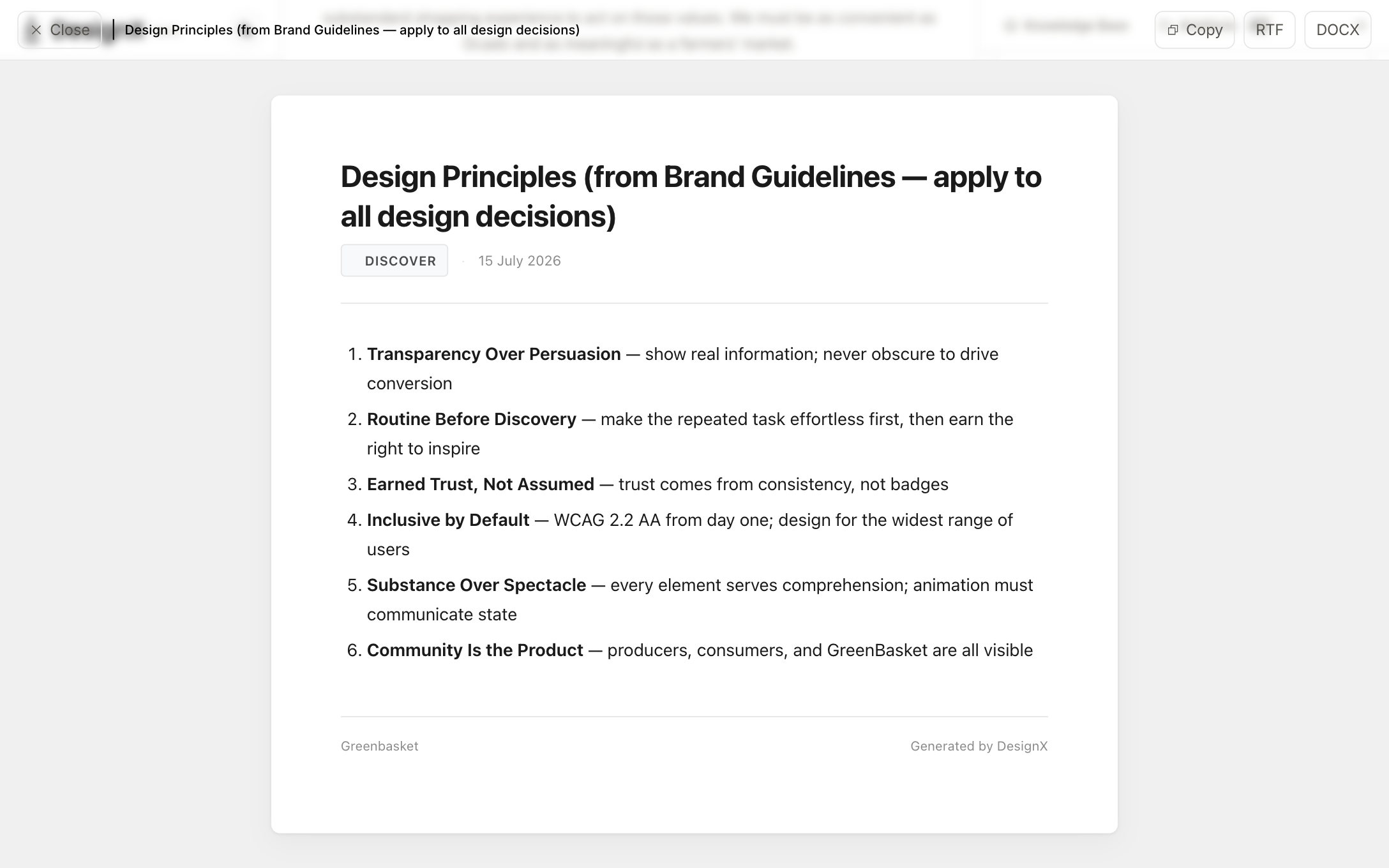 A DesignX artefact listing the design principles derived for the project, each tied back to research findings.