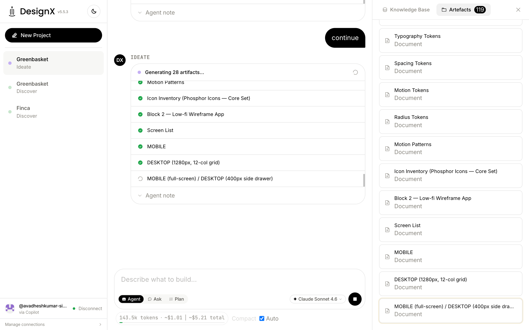 A DesignX design-system artefact listing resolved tokens, component definitions and their states.