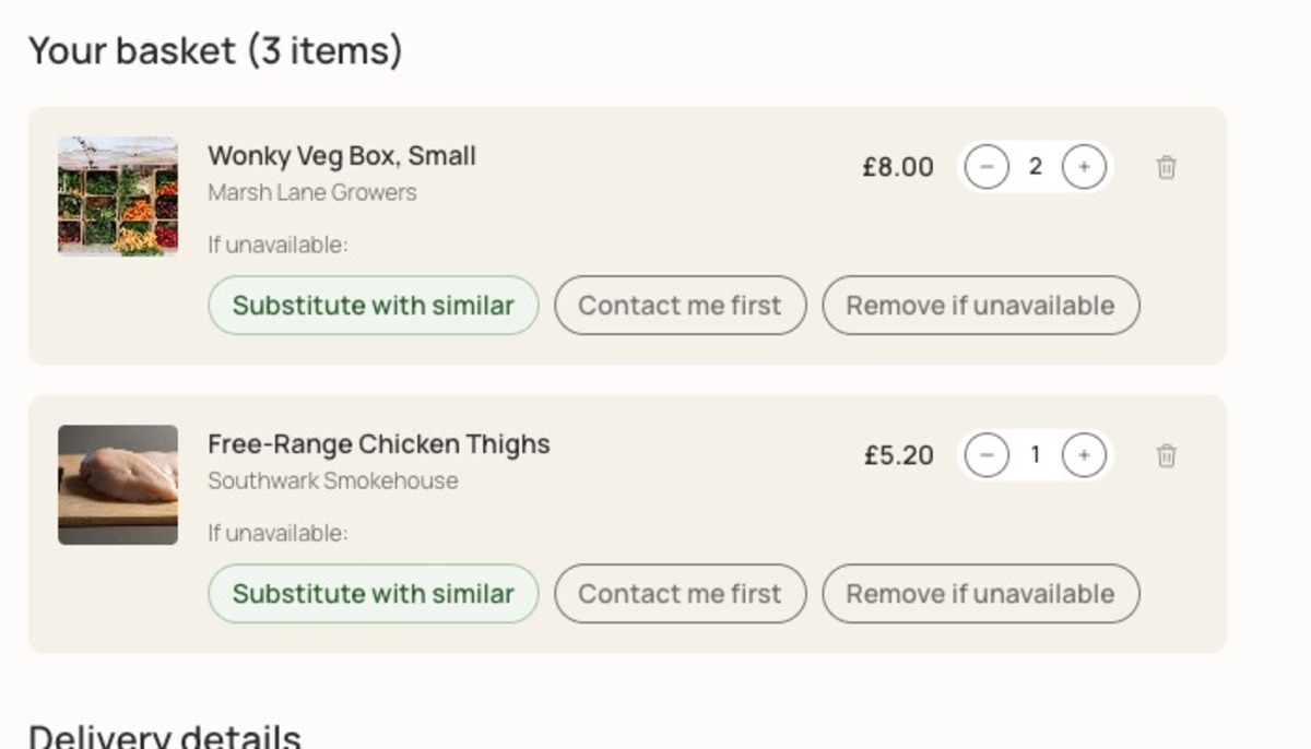 The GreenBasket checkout basket: two line items, each with an “If unavailable” row offering Substitute with similar, Contact me first, or Remove if unavailable.