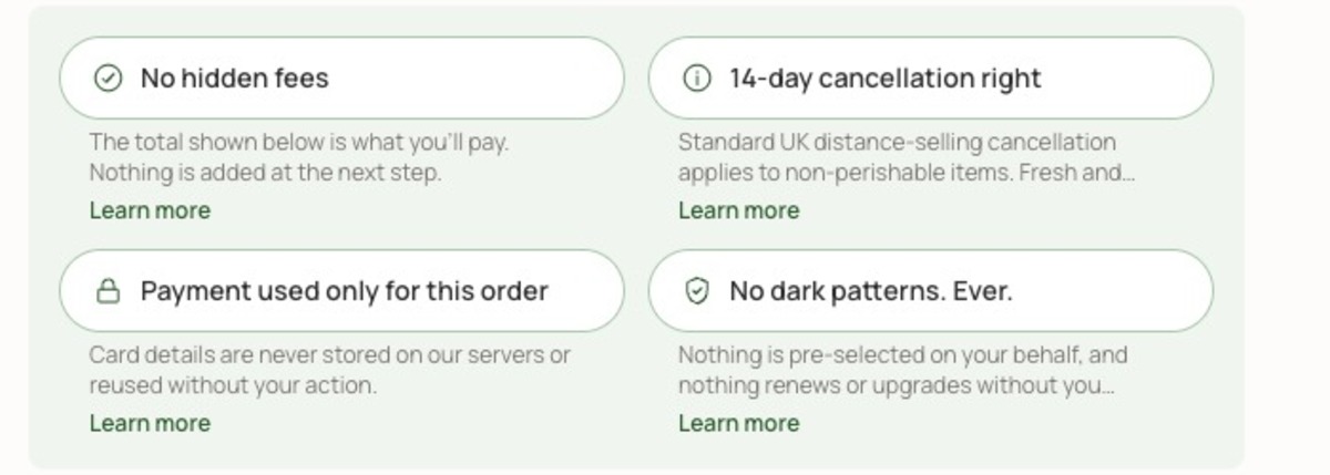 A block of four checkout reassurances: No hidden fees, 14-day cancellation right, Payment used only for this order, and No dark patterns. Ever.