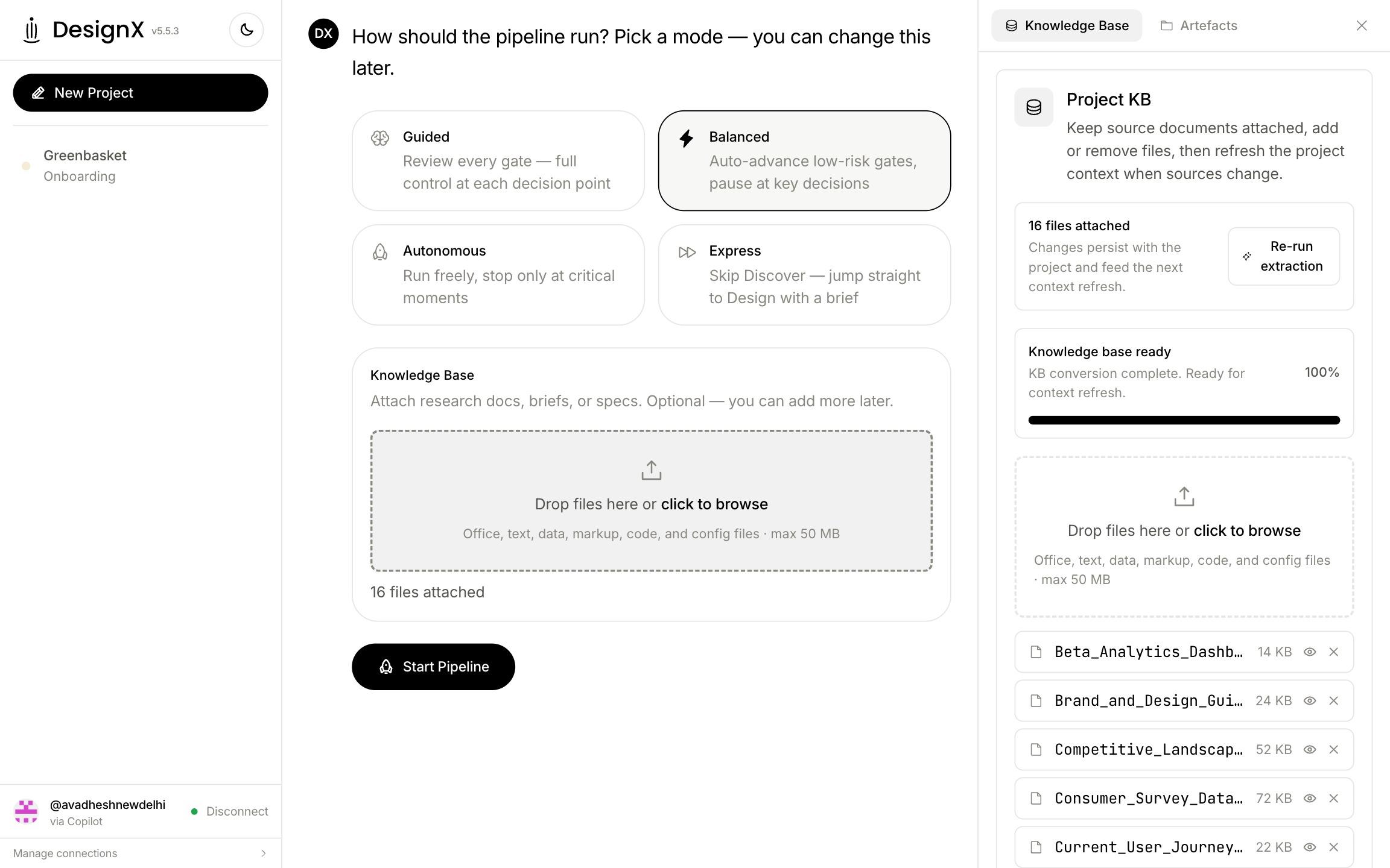 DesignX knowledge-base panel showing uploaded project files parsed and ready, with the artefact counter beginning to climb.
