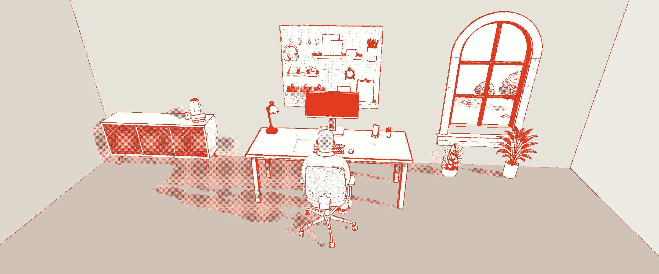 Narrative draft: a red line drawing on paper stock of a design lead's desk, seen
             from behind the chair: a seated figure at it, a pegboard of tools
             on the wall behind, a monitor, keyboard and drafting lamp across
             the desk, and a tall arched window onto a garden to the right.
             Every mid tone is a halftone dot screen.