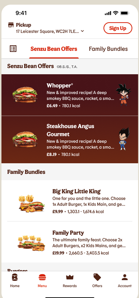 Menu screen with a Senzu Bean Offers tab listing themed Whopper and Steakhouse Angus items