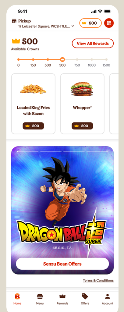Rewards screen themed with Dragon Ball Z artwork and Senzu Bean Offers entry point