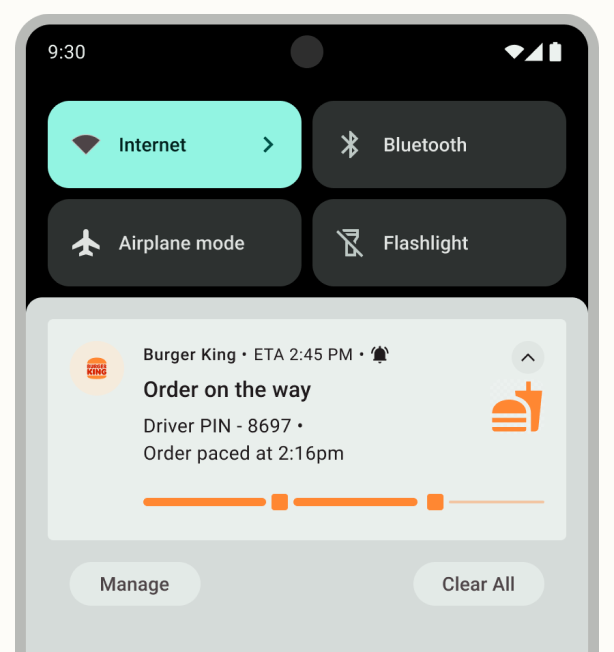 Android notification drawer with the Burger King order-on-the-way live update expanded