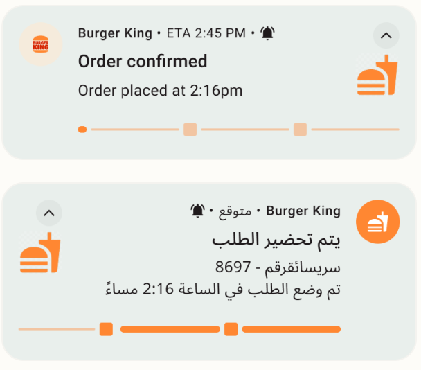 Two compact order-confirmed cards, one in English and one in Arabic