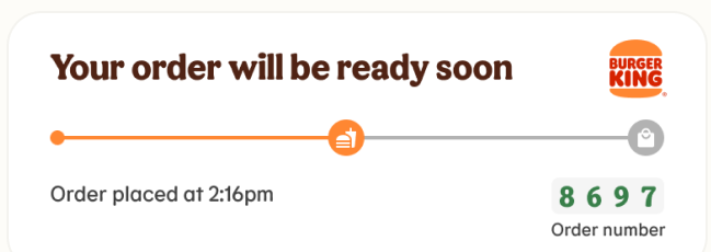iOS Live Activity card: "Your order will be ready soon" with progress track and order number 8697