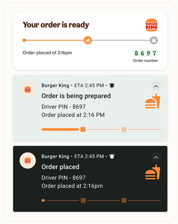 Order status widgets showing progress from order placed to ready, with driver PIN and order number