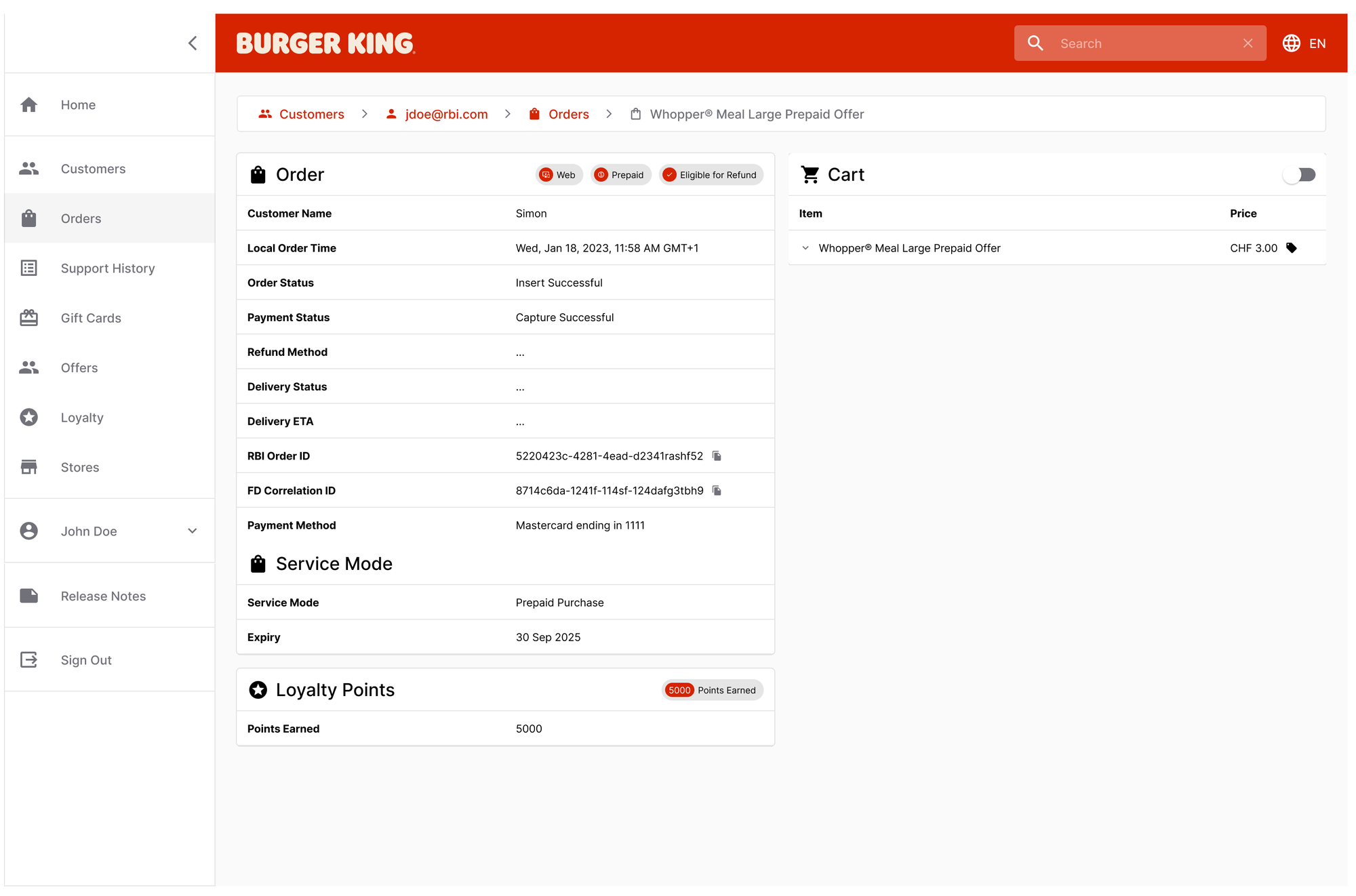 Support tool Orders tab showing a Prepaid Purchase entry with order status and details